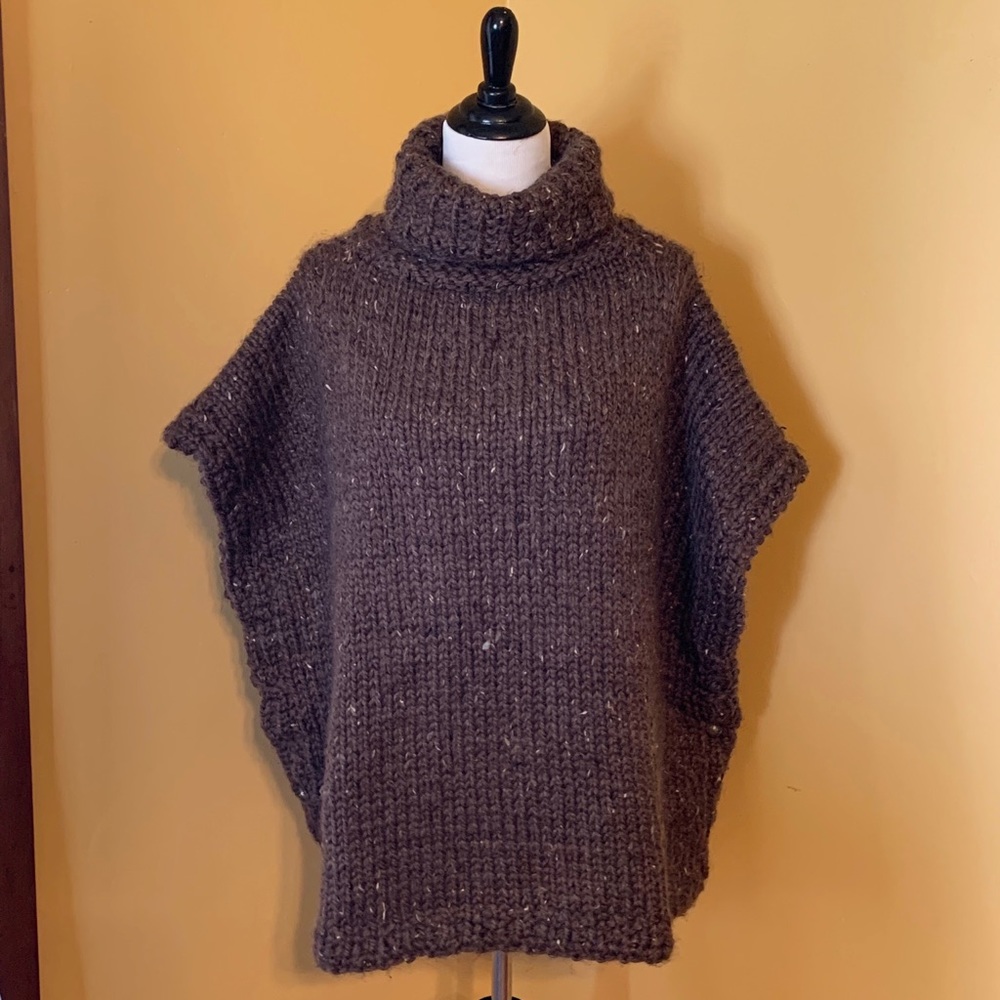 Handknit-By-Me Chocolate Tweed Wool Poncho